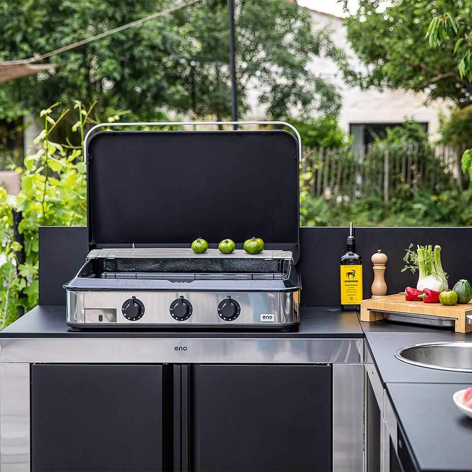 Plancha Gaz Encastrable Plan De Travail Plancha gaz Enosign 80 inox et capot de protection noir - ENO.