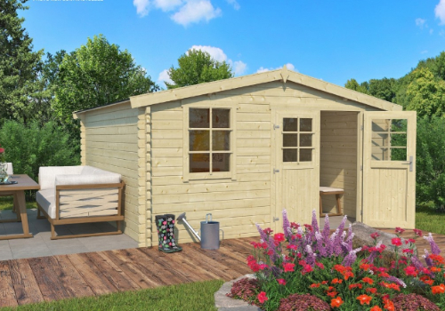 Abris de jardin en bois avec double porte et fenêtre dans un jardin près d'une terrasse