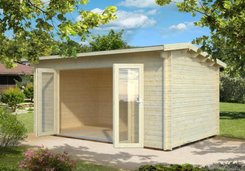 Abri en bois de type chalet avec un plancher et une large double porte. 