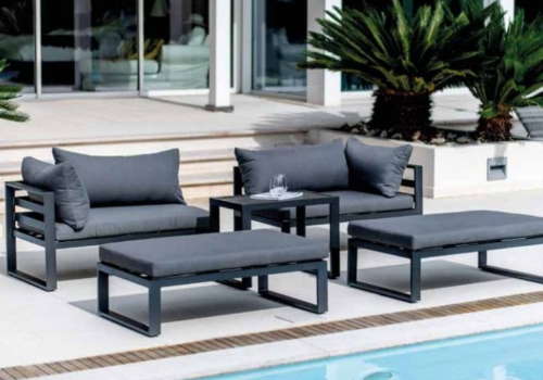 Salon de jardin durable en aluminium, structure couleur anthracite et coussin gris clair