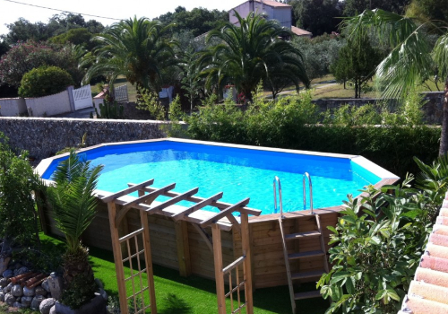 piscine d'extérieur en bois hors sol avec liner bleu dans un jardin exotique