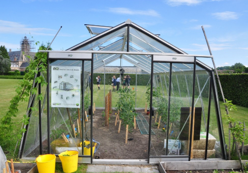 serre en verre double porte et lucarnesavec plantation à l'intérieur