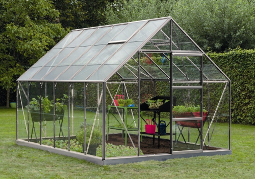 Serre en verre porte simple avec fleurs et plantations en pots